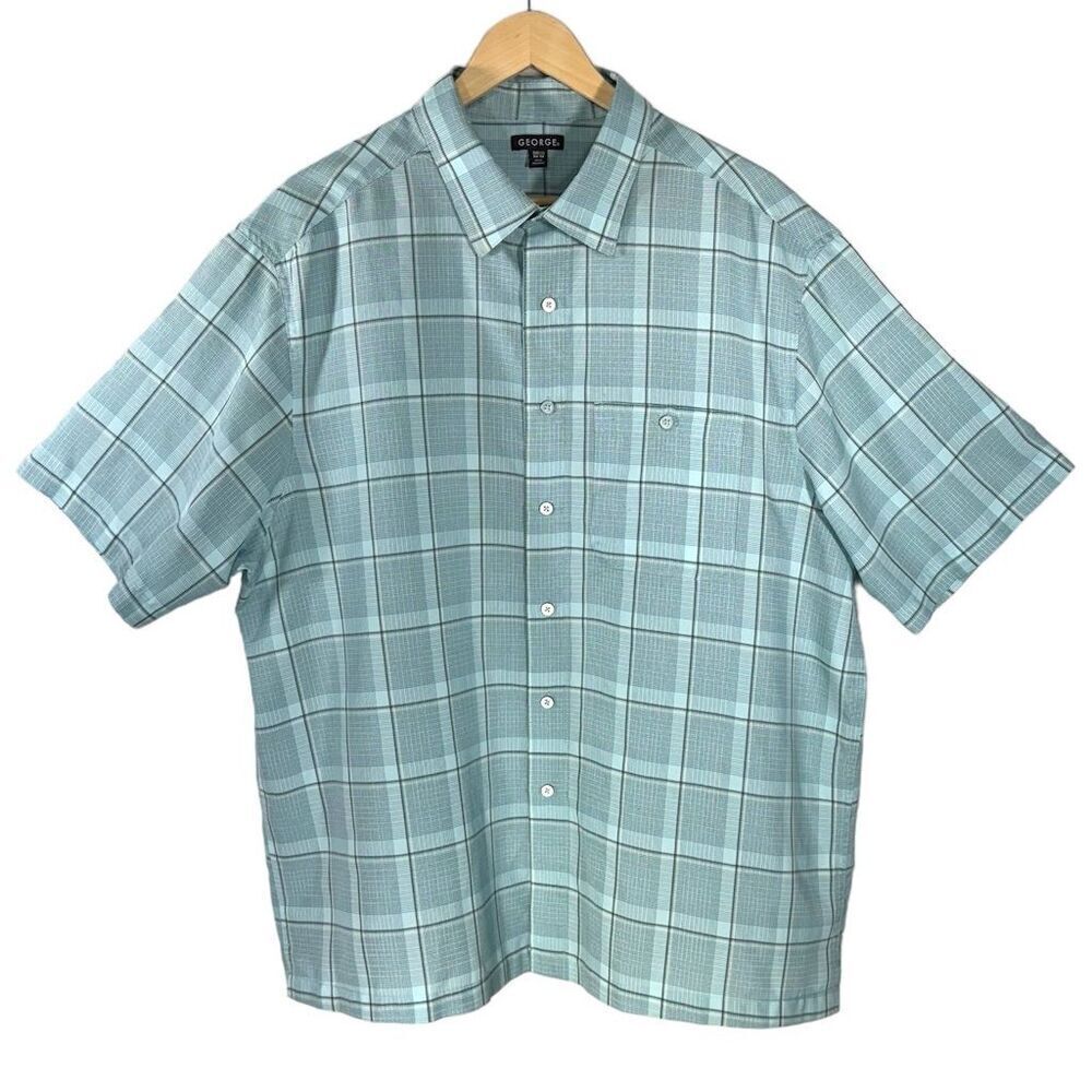 George Men's 2XL Blue Plaid Short Sleeve Button-Up Shirt Casual‎